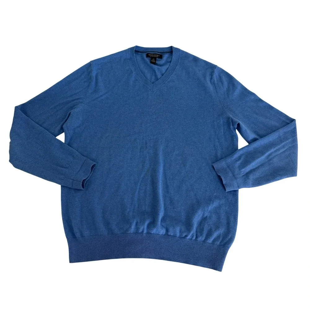 Banana Republic Mens Medium Blue‎ Cotton Cashmere V-Neck Sweater Casual Cozy